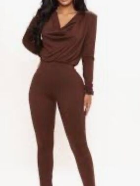 Fashion Nova Brown Cowl-Neck Long-Sleeve Jumpsuit